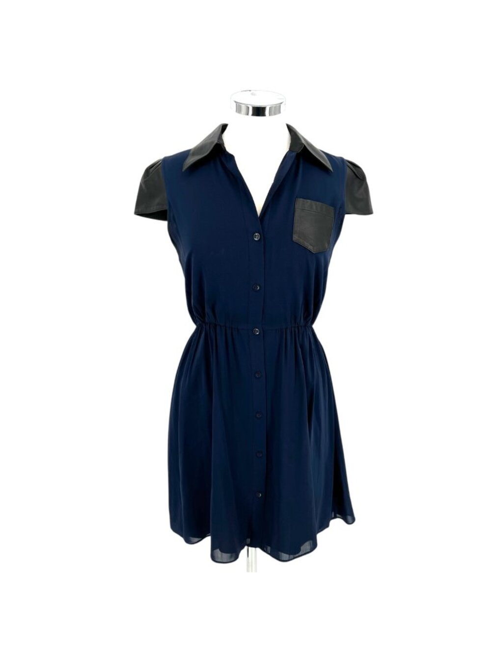 Alice + Olivia Kendale Leather Cap Sleeve Silk Shirt Dress Blue Black Size Small